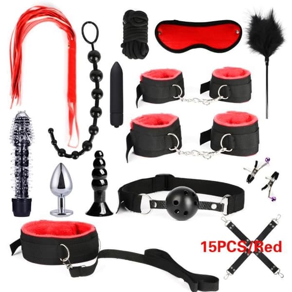 Bondage tillbehörskit - 13 delar - Svart - Handbojor - Kulvibrator