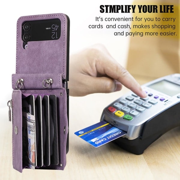 Mobilveske med støtte for Samsung Galaxy Z Flip4 5g RFID-blokkerende kortlommebok PU-lær+TPU-skall Lilla