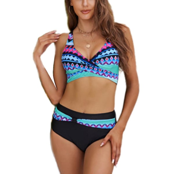 Printed Push Up Vadderat Bikini Set Halter Cross Ryggrem BH Top + Hög midja Trosor Baddräkt Sommar Strand Sexiga Badkläder C XL