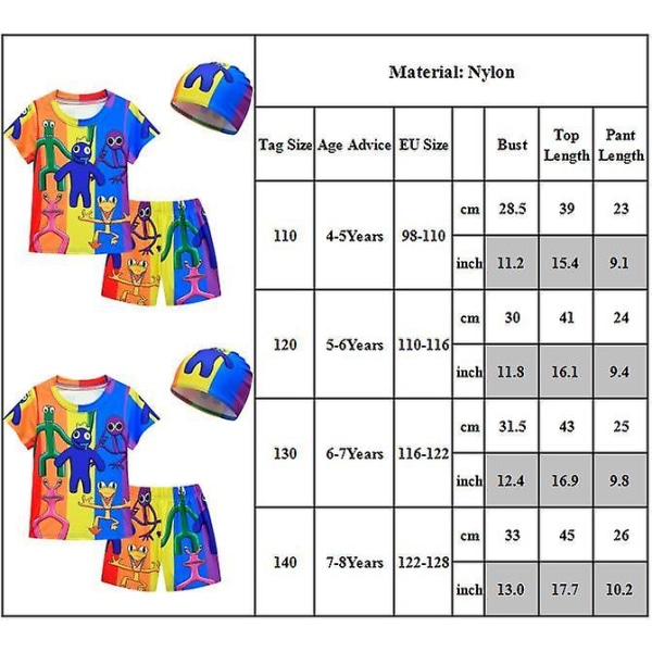 Barn Tecknad Rainbow Friends printed toppar + shorts med cap Baddräkt Badkläder 6-7 Years