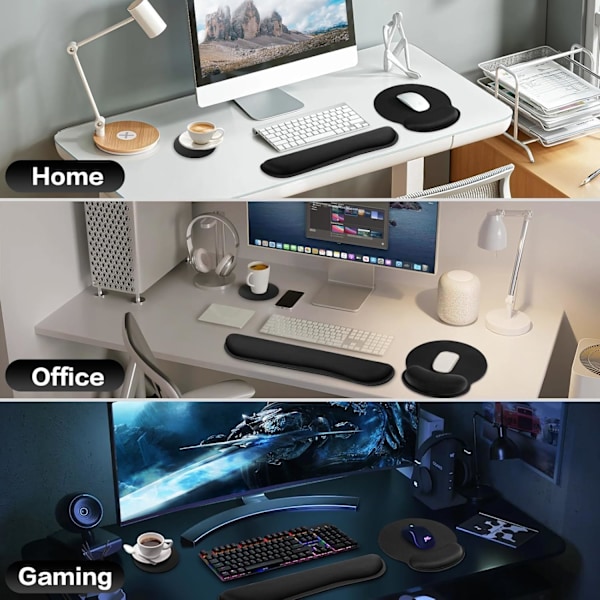Musmatta med handledsstöd, 3-i-1 handledsstöd musmatta set, gaming matta med anti-halk bas, ergonomisk musmatta, memory foam tangentbord gel handledsstöd Black