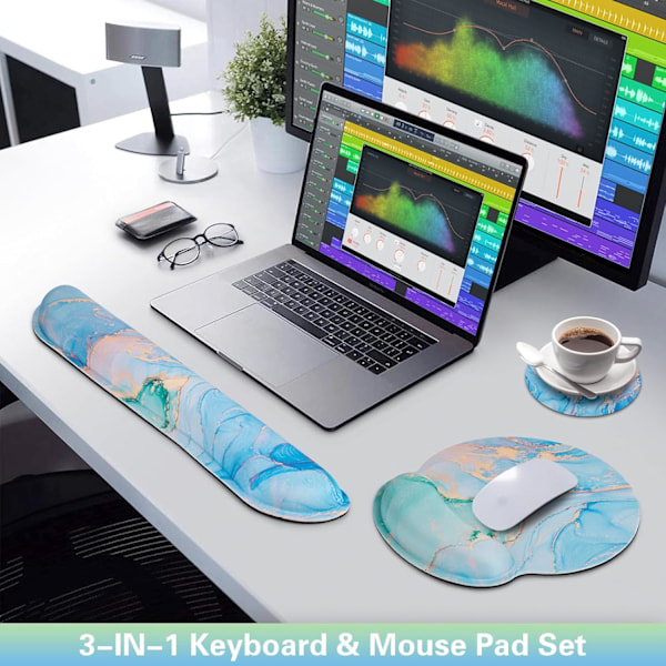 3-i-1 Håndledsstøtte Musemåtte Sæt - Gaming Musemåtte med Skridsikker Base og Ergonomisk Design - Memory Foam Tastatur Gel Håndledsstøtte Jade Blue Marble