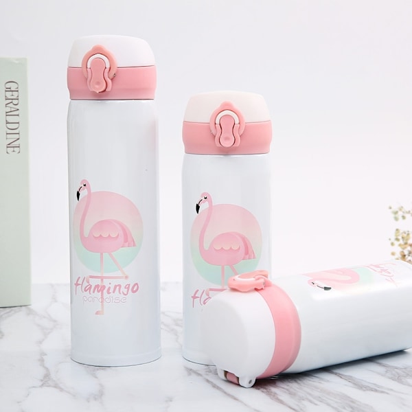 Söt Flamingo Mönster Termisk Isolering Vattenflaska Rostfritt Stål Läckagesäker Vakuumflaskor Studsande Lock Vakuumkopp Dricksartiklar 350ml