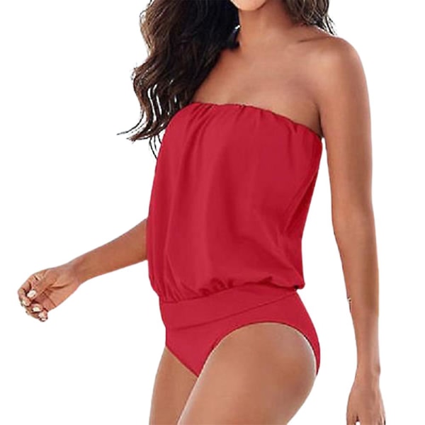 Dam Vanligt sexig bandeau baddräkt i ett stycke Off Shoulder Beachwear Sommar axelbandslös ovadderad Monokini baddräkt baddräkt Red 2XL