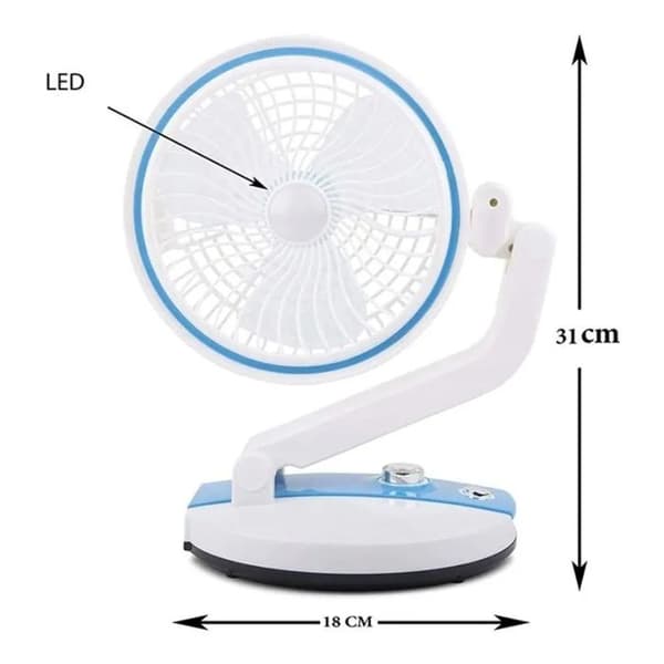 1 sammenklappelig ventilator, USB genopladelig, solpanel, 360° LED-lampe, 80° vinkel, skrivebord.