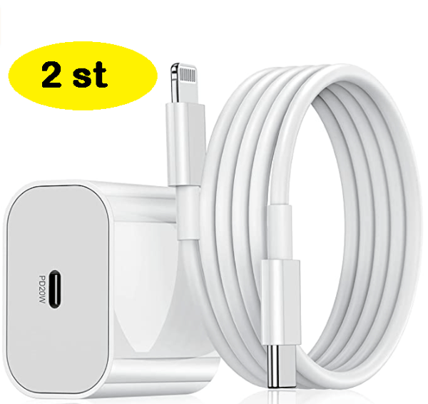 2 stk. iPhone hurtigoplader USB-C strømadapter 20W + Kabel Hvid