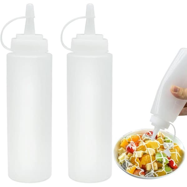 Set med 2 x 230 ml plastflaskor med lock för ketchup, klämflaskor för ketchup, etikett