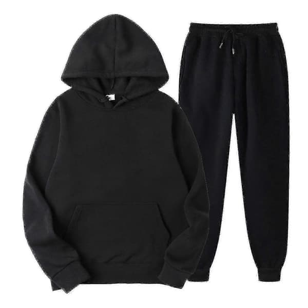 Träningsbyxor Set Jogger Träningsdräkter Pullover Hooded Dragsko Toppar Black S