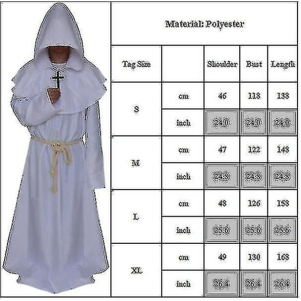 Vuxen munk Huvkappa Kappa Cape Friar Medeltida prästdräkt A White L