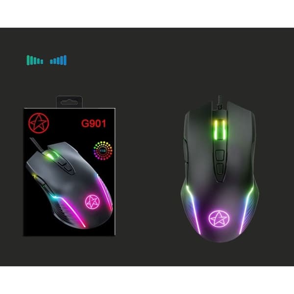 G901 kablet mekanisk spillmus med RGB-belysning og 7 knapper, med makroprogrammering.