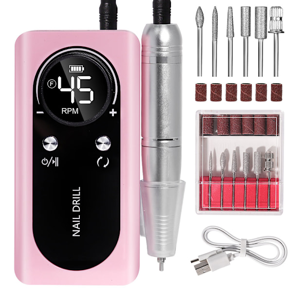 Uppladdningsbar Nagelmaskin 45000RPM Med LCD Lågt Ljud Professionell Nagelpolerare Med Tillbehör Elektrisk Manikyrset Pink