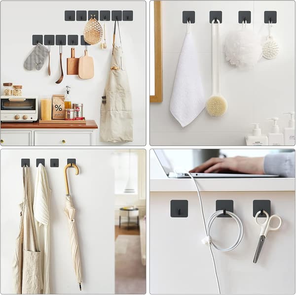 VIS'V Self-Adhesive Hooks, Heavy Duty Shower Wall Hooks, Waterproof, 2 Extra Adhesive Strips, Black, 4 Pcs