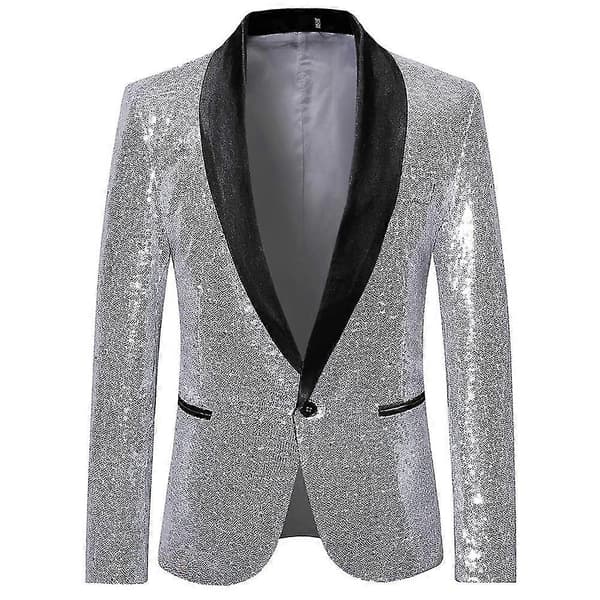 Herr Mode Paljett Casual Blazer Bröllopsfest Kostym Jacka Silver S
