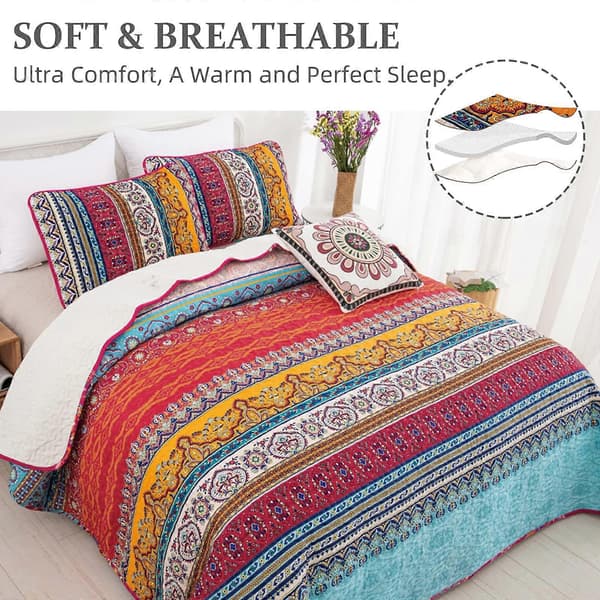 Boheme Quiltet Sengetæppe Dobbelt 3 Dele Patchwork Sengetæppe Vendbart Blødt Mikrofiber Sengetøj 220*240cm