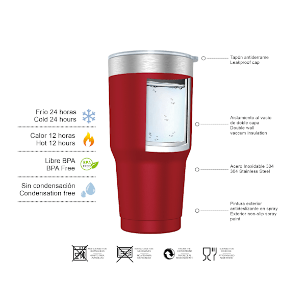 Kaffetermosmugg 900ml (10 färger) och tekopp för hand eller bil - Termosmugg i rostfritt stål med lock, rostfri stålkopp. Red