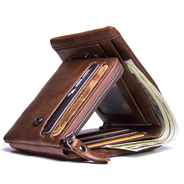 Herrplånböcker Vintage Tri-fold Plånböcker Myntbörser med dragkedja Herrplånböcker i kohud Coffee