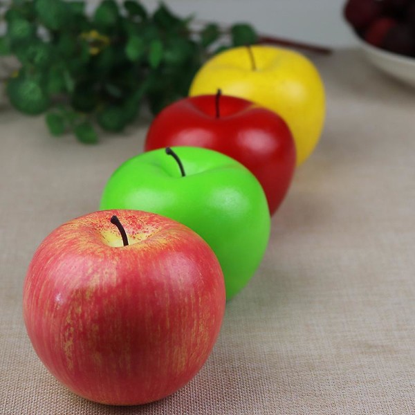 4-pack Fake Frukt Konstgjord Realistiskt verklighetstroget dekorativt skumfrukt och grönsaker för handgjorda hem, kök, festdekor (röd, gul, rosa, grön