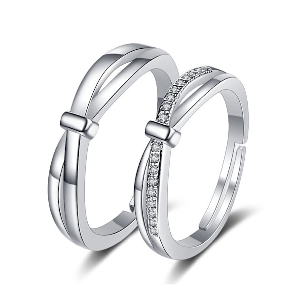 Ring 2 delar partnerring 925 sterling silverring (1 del, justerbar förlovningsring), vigselringar par RI