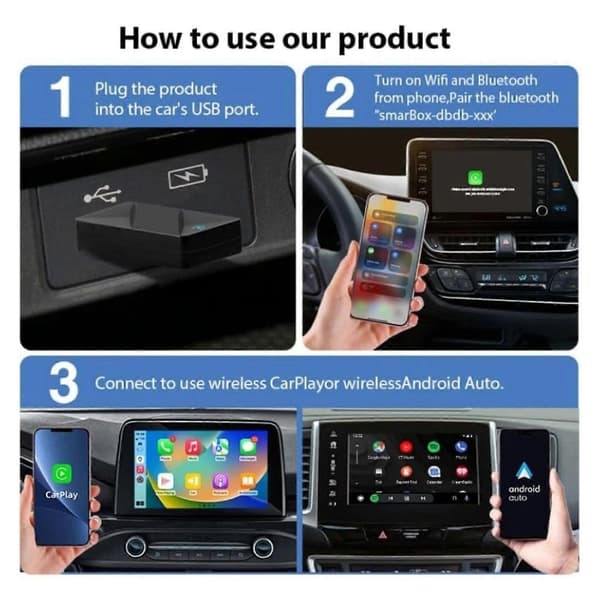 2-i-1 trådløs CarPlay-adapter for iPhone Android USB-bildongle Plug & Play