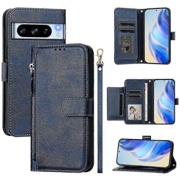 Premium läderplånboksfodral med korthållare och RFID-blockering för Google Pixel 8 Pro Blue