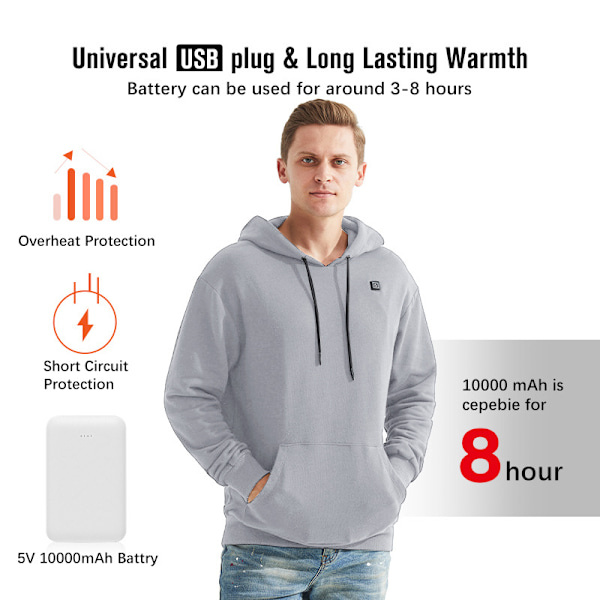 Uppvärmd Hoodie med Batteripaket 7.4V för Män Grå Grey 3XL