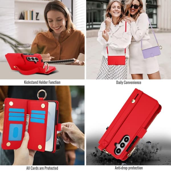 Samsung Galaxy S26+ / S26 Plus 5G Case Cover with Crossbody Ring Multifunctional Leather Wallet Röd