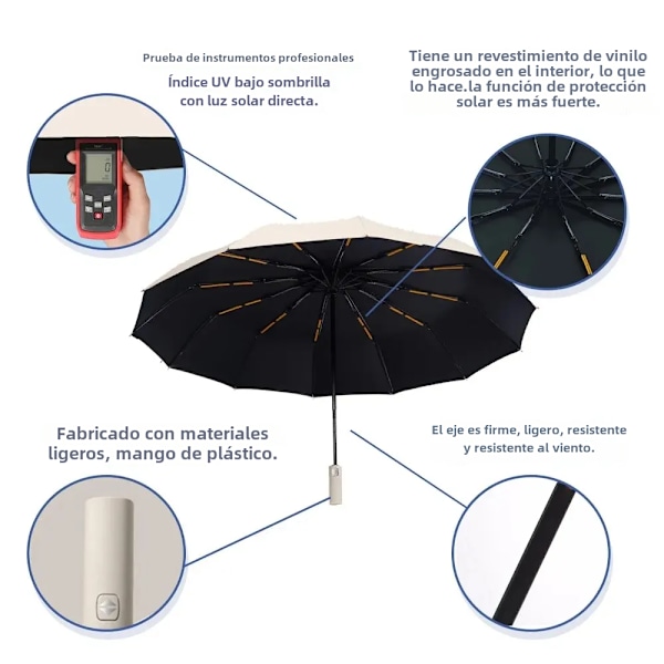 Automatisk foldbar paraply, vindafvisende, stor luksusparaply med sort belægning, 12 ribber, 1 stk 1pc black