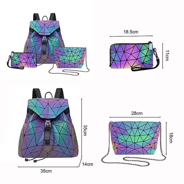 3 st Rhombus självlysande ryggsäck Student skolväska Vikbar reflekterande geometrisk ryggsäck Färgglada, geometriska lysande plånböcker och handväskor för kvinnor Re