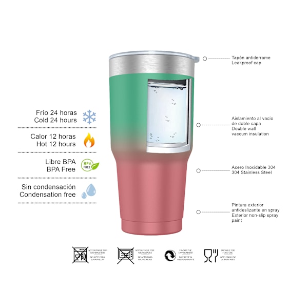 Kaffetermosmugg 900ml (10 färger) och tekopp för hand eller bil - Termosmugg i rostfritt stål med lock, rostfri stålkopp. Rosa Degradado