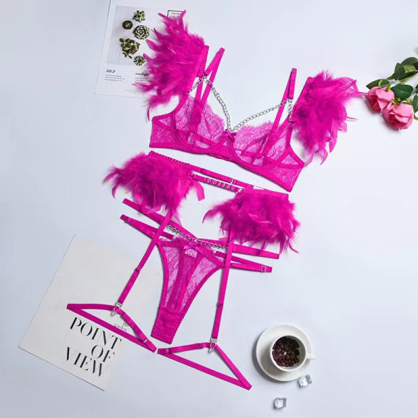 MIRABELLE fjäderunderkläderset för kvinnor Lyx med kedja G-sträng Fin spets Underkläder Set BH Outfit Transparent Intim Rose XL