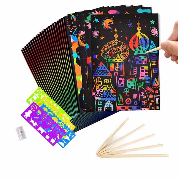 50-delt Scratch Art sæt - Regnbuepapir & Blyant til børn 8-12 år