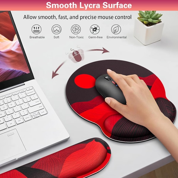 Musmatta med handledsstöd, Qomolama 3-i-1 handledsstöd musmatta set, Gaming musmatta med halkfri bas, Ergonomisk musmatta, Memory Foam tangentbord Golden Mountain-red