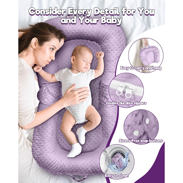 Baby Lounger - 3-i-1 Babynest för Nyfödda 0-24 Månader, Andningsbar & Mjuk Baby Nest Säng för Bebis, Portabelt Babynest för Hemma och Resor Purple