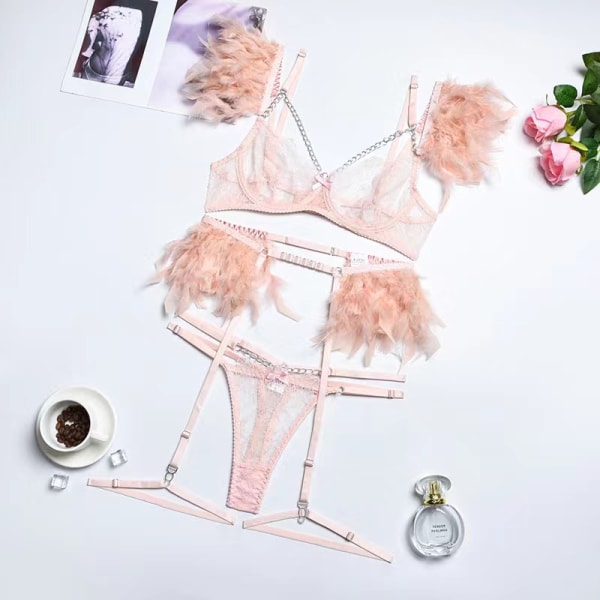 MIRABELLE fjäderunderkläderset för kvinnor Lyx med kedja G-sträng Fin spets Underkläder Set BH Outfit Transparent Intim Pink M