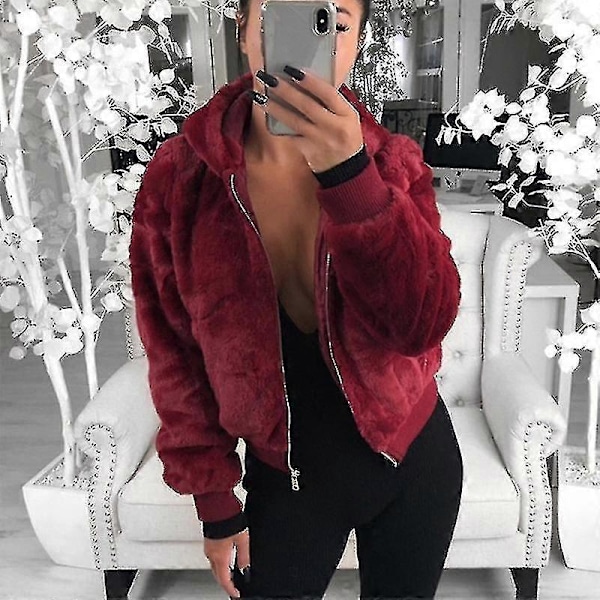 Dame Fleece Fluffy Frakke Hættejakke Overtøj 2XL Wine Red