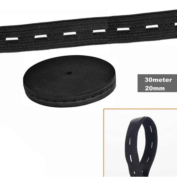 30m x 20mm resårband med knapphål, hålresår platt