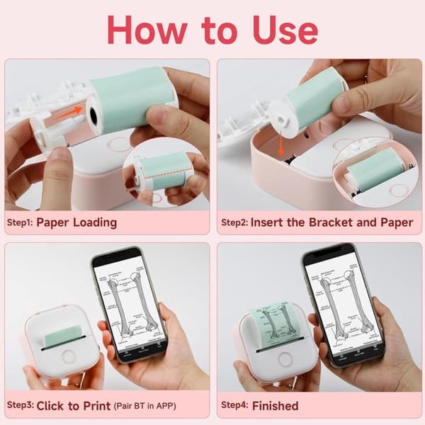 1 termisk skrivare, bärbar, bläckfri, Bluetooth, för studier, scrapbooking.