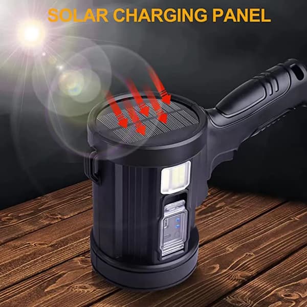 Rechargeable Spotlight, Handheld Flashlight Large Super Strong Outdoor Solar Powered Headlight, (Black)