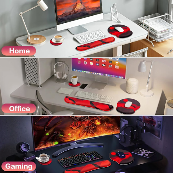 Musmatta med handledsstöd, Qomolama 3-i-1 handledsstöd musmatta set, Gaming musmatta med halkfri bas, Ergonomisk musmatta, Memory Foam tangentbord Golden Mountain-red
