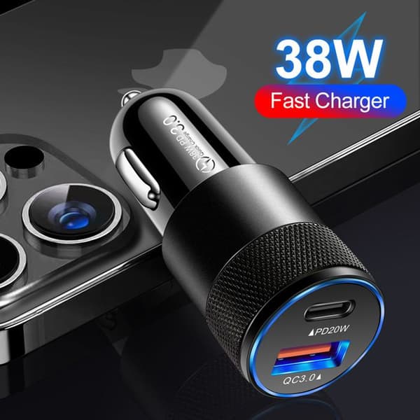 38W billader, 20W PD USB-C hurtiglader, USB-A QC3.0 3.1A for iPhone, Samsung - Svart