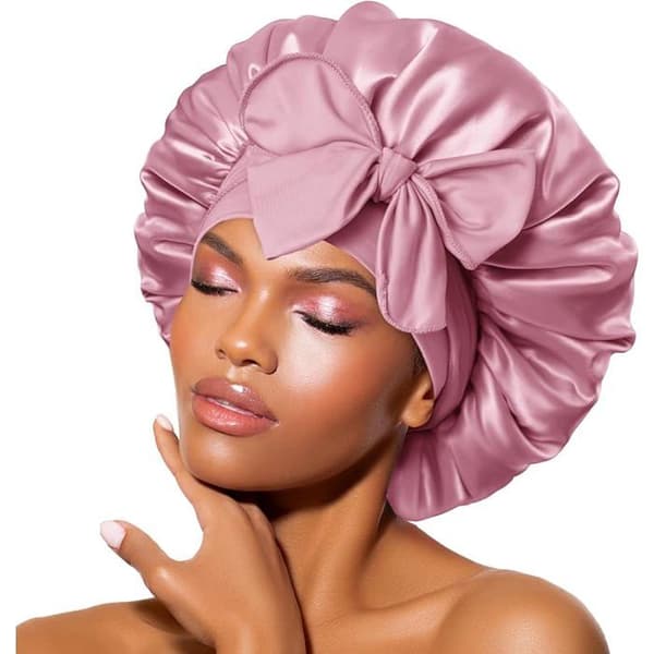 XJYDNCG Justerbar Satin Nattehårshætte til kvinder til søvn og makeup - Mørk Pink