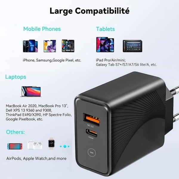 Hurtiglader 30W - iPhone - 2 USB-porte - Sort - Kompatibel med iPhone 16 - Sikker Svart