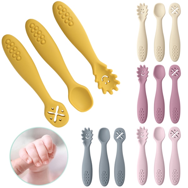 3 st Silikonsked och gaffel för baby, set med matningsredskap, matning, småbarn, lära sig äta, träning, mjuk gaffel, bestick, barnservis 005-pebble
