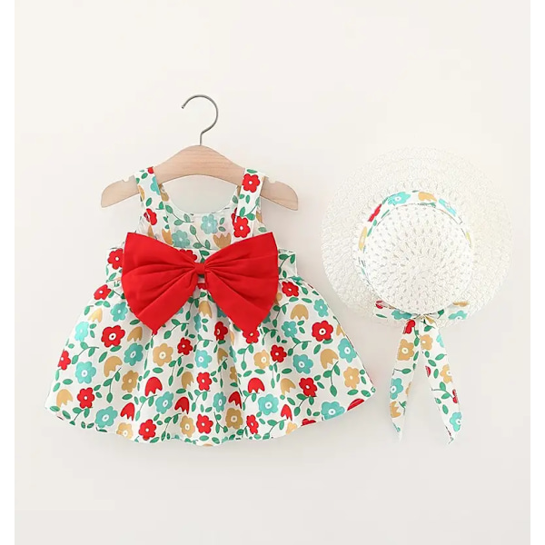 Sommarfödd Baby Kläder Småbarn Flick Kläder Bomull Strand Hängselklänning+Solhatt Prinsessklänningar 2 st Red 2-3Y