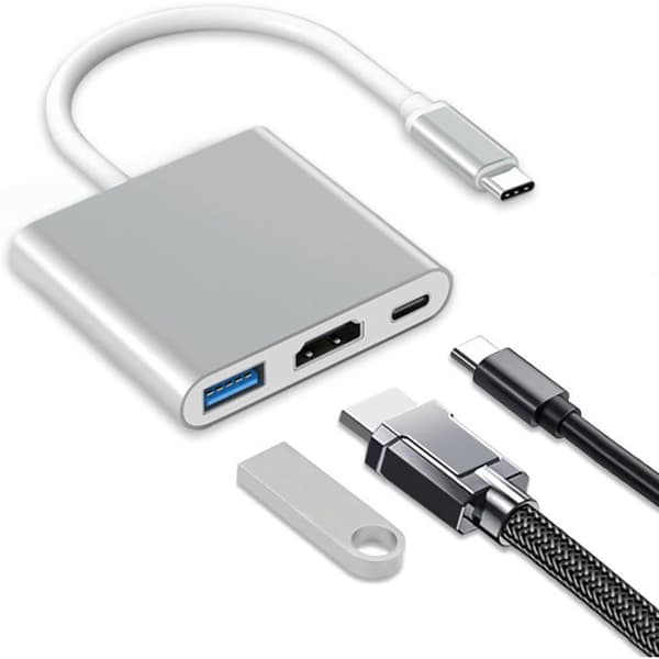Lightning til HDMI-kabel til TV-adapter, USB C til HDMI, Multiport Digital AV med 4K HDMI, USB-A 3.0, 3-i-1 Plug and Play HDMI