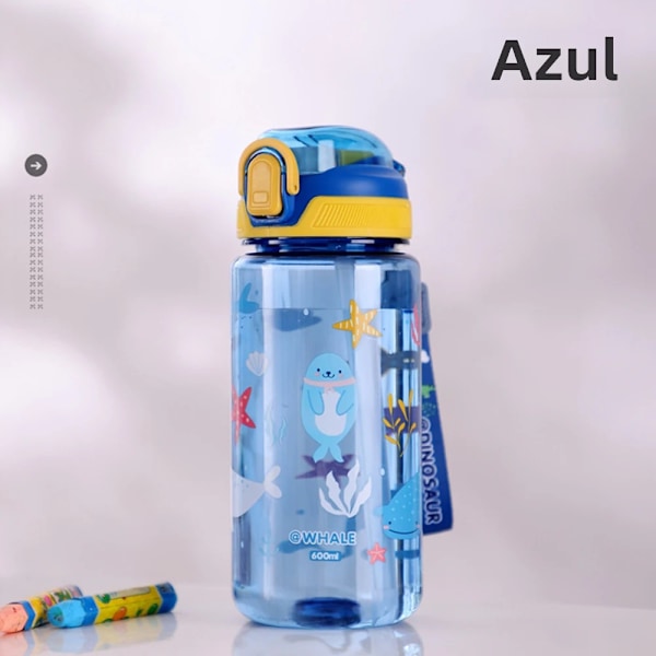 Lasten vesipullo 600 ml silikonipillillä ja dinosauruskuviolla, roisketiivis, ympäristöystävällinen muovi kesään Azul 600ML