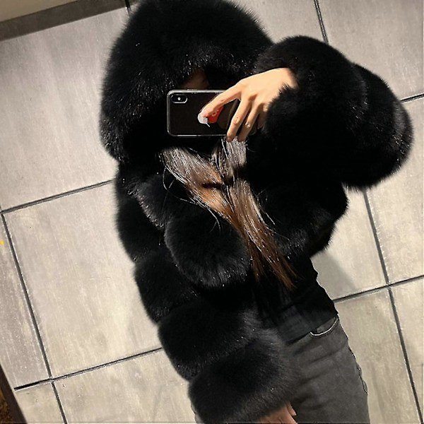 Faux Fur Pelsjakke Dame Med Hætte Cropped Bubble Frakker Fleece Kort Varm Jakke Plus Size Vinterfrakker Til Kvinder Black Small