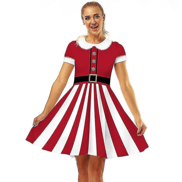 Ny ful klänning för kvinnor Röd grönt print julklänningar till jul XL