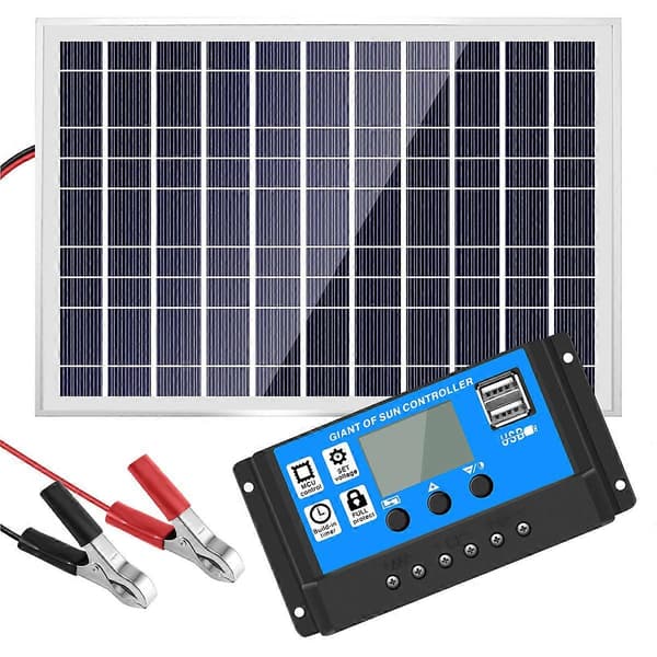 30W 12V Solcellepanel Batterilader + 40A Kontroller for RV Bil Båt Hjem Camping Black