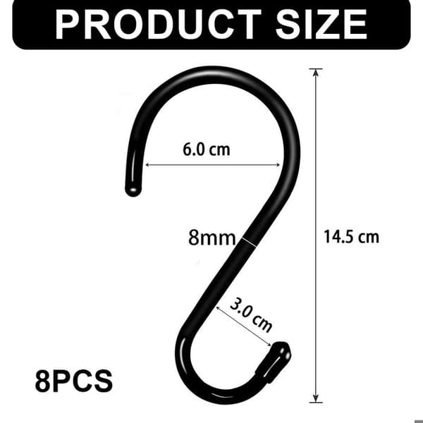 robuste 15 cm sorte S-kroge til ophængning af planter, tøj, gryder, pander, håndklæder. Etiket